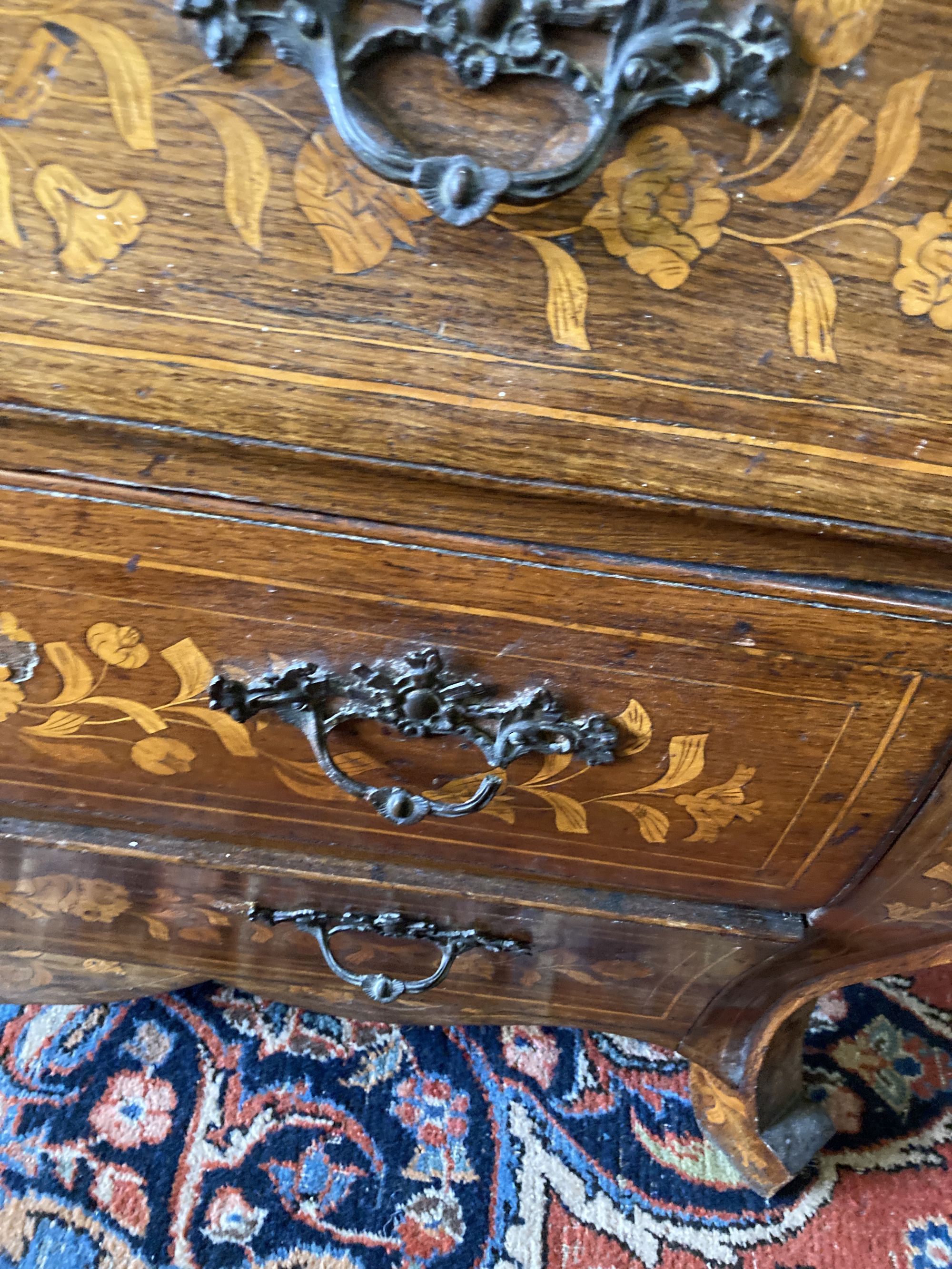 A Dutch marquetry oak and mahogany bombe bureau, circa 1800, width 104cm, depth 56cm, height 110cm